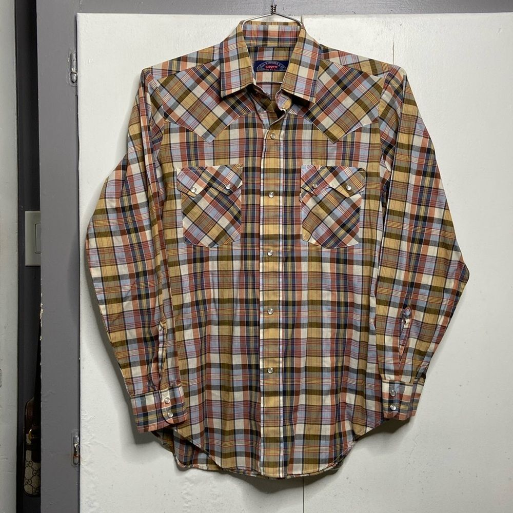 levi strauss men long sleeve pearl snap western plaid shirt medium sawtooth VTG